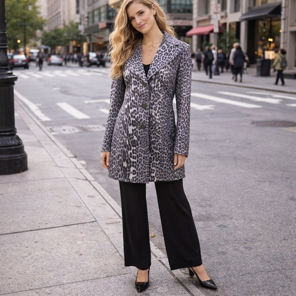 Tahari Women's Grey Black Leopard Print Trench Coat Jacket Size M